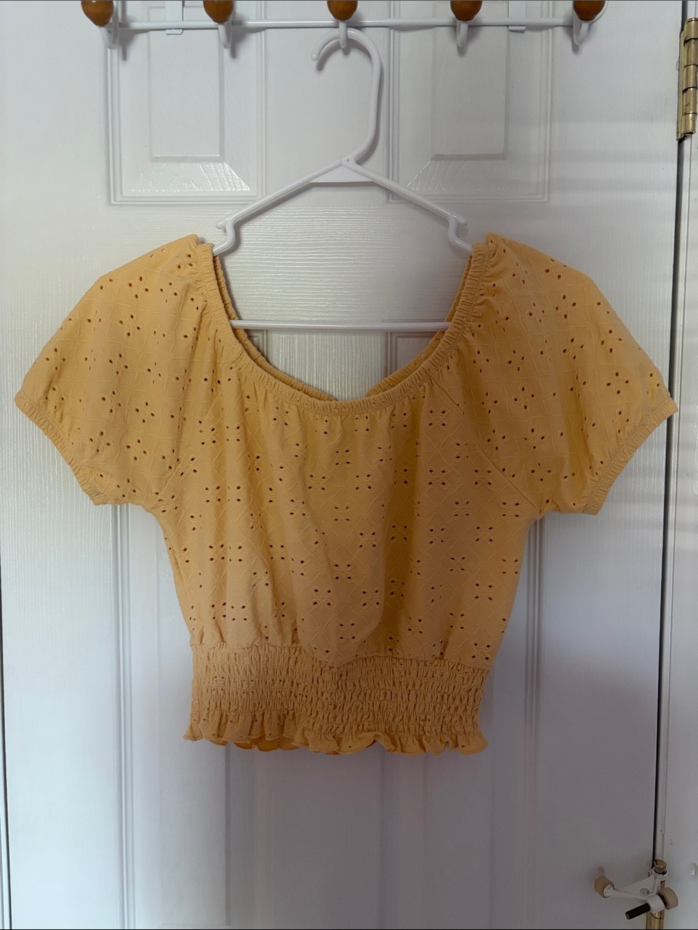 Juniors Eyelet Smocked Hem Top- Yellow